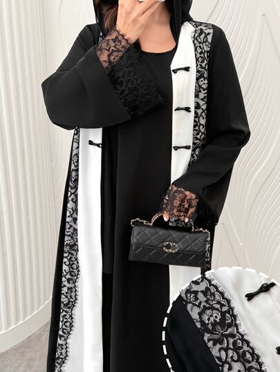 Yasmyna Spring Summer Autumn Eyelash Lace Frog Button V-Neck Fashion Slimming Elegant Intellectual Date Daily Versatile Women's Long Robe