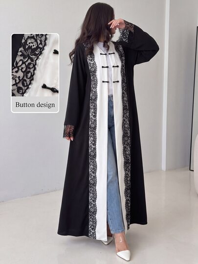 Yasmyna Spring Summer Autumn Eyelash Lace Frog Button V-Neck Fashion Slimming Elegant Intellectual Date Daily Versatile Women's Long Robe