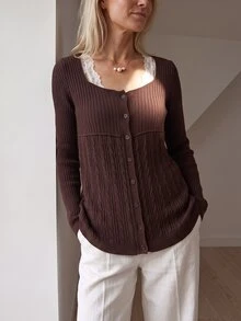 Fine & Folde Women's Fashion Versatile Lace Patchwork Single-Breasted Knit Thin Cardigan - Coffee Brown - View 4