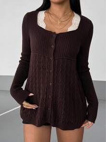 Fine & Folde Women's Fashion Versatile Lace Patchwork Single-Breasted Knit Thin Cardigan - Coffee Brown - View 8