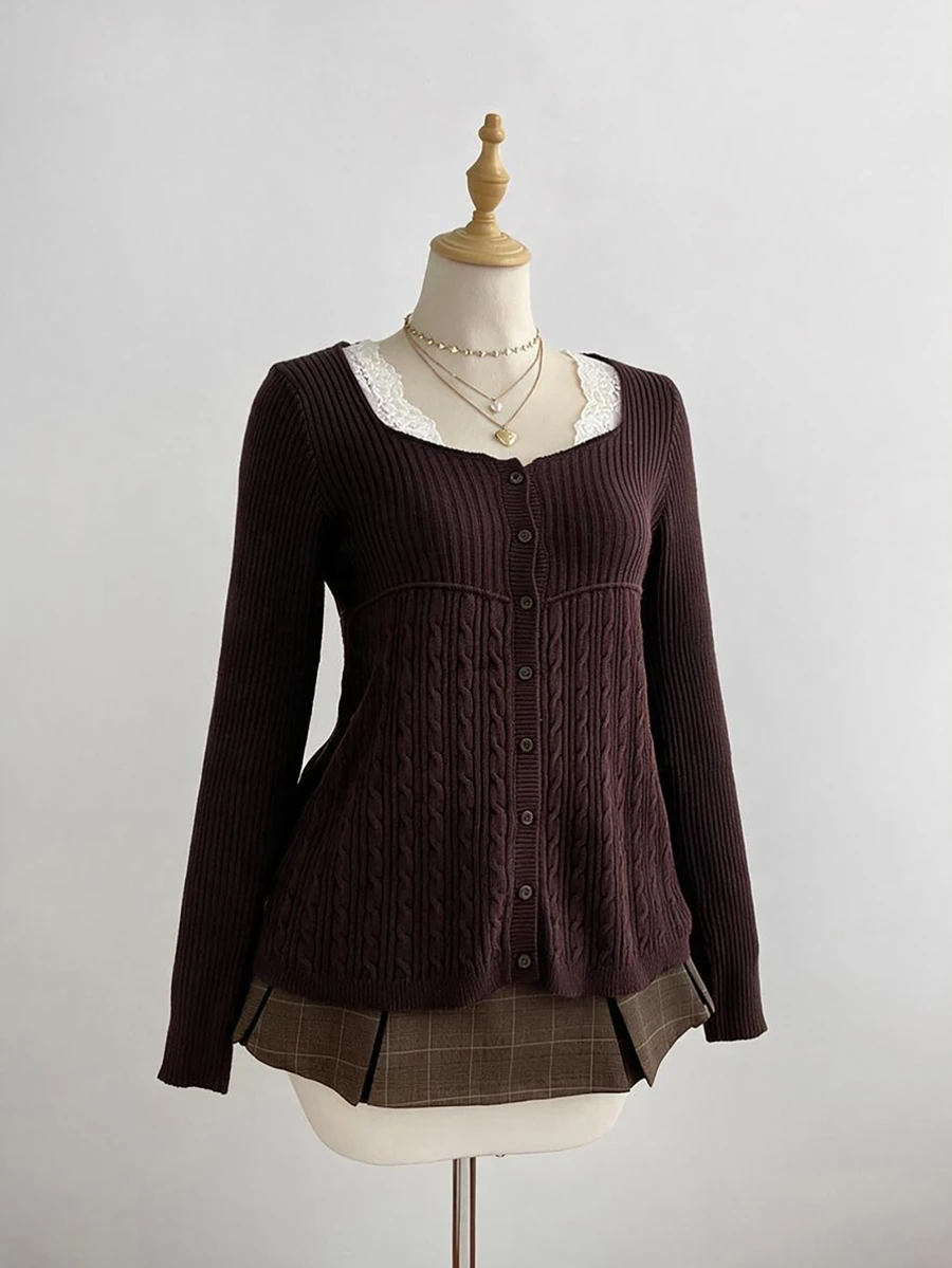 Fine & Folde Women's Fashion Versatile Lace Patchwork Single-Breasted Knit Thin Cardigan - Coffee Brown - View 1