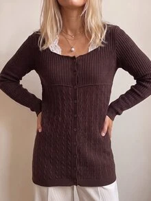 Fine & Folde Women's Fashion Versatile Lace Patchwork Single-Breasted Knit Thin Cardigan - Coffee Brown - View 6