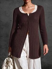 Fine & Folde Women's Fashion Versatile Lace Patchwork Single-Breasted Knit Thin Cardigan - Coffee Brown - View 7