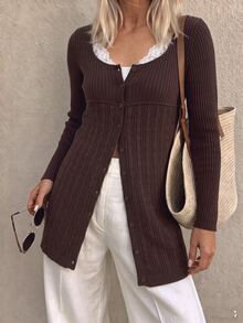 Fine & Folde Women's Fashion Versatile Lace Patchwork Single-Breasted Knit Thin Cardigan - Coffee Brown - View 3