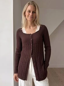 Fine & Folde Women's Fashion Versatile Lace Patchwork Single-Breasted Knit Thin Cardigan - Coffee Brown - View 5