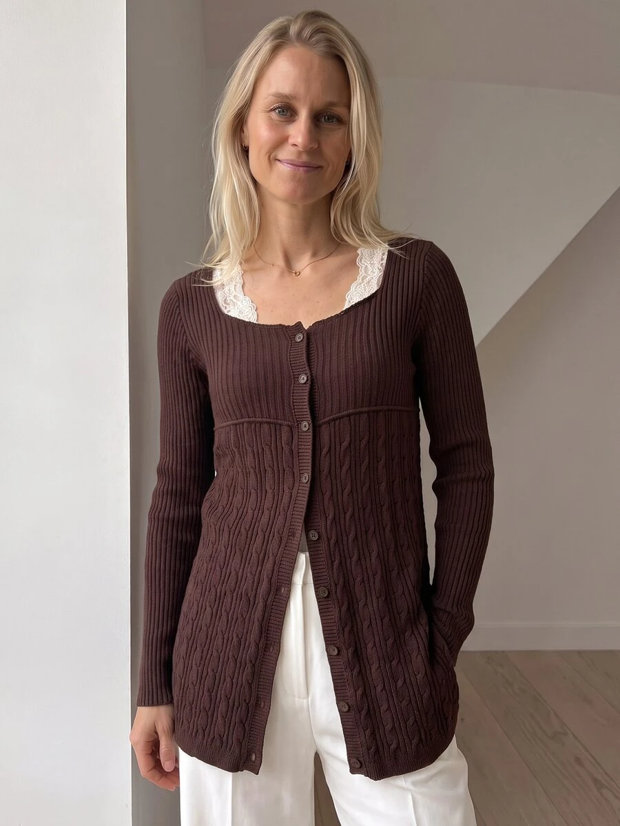 Sprig & Strand Women's Fashion Versatile Lace Patchwork Single-Breasted Knit Thin Cardigan - Coffee Brown - View 1
