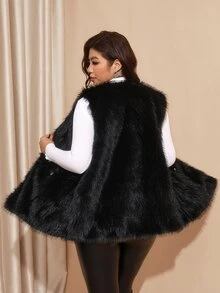 Comfylo Plus Size Winter Sleeveless Faux Fur Coat - Black - View 8