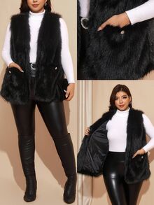Comfylo Plus Size Winter Sleeveless Faux Fur Coat - Black - View 1