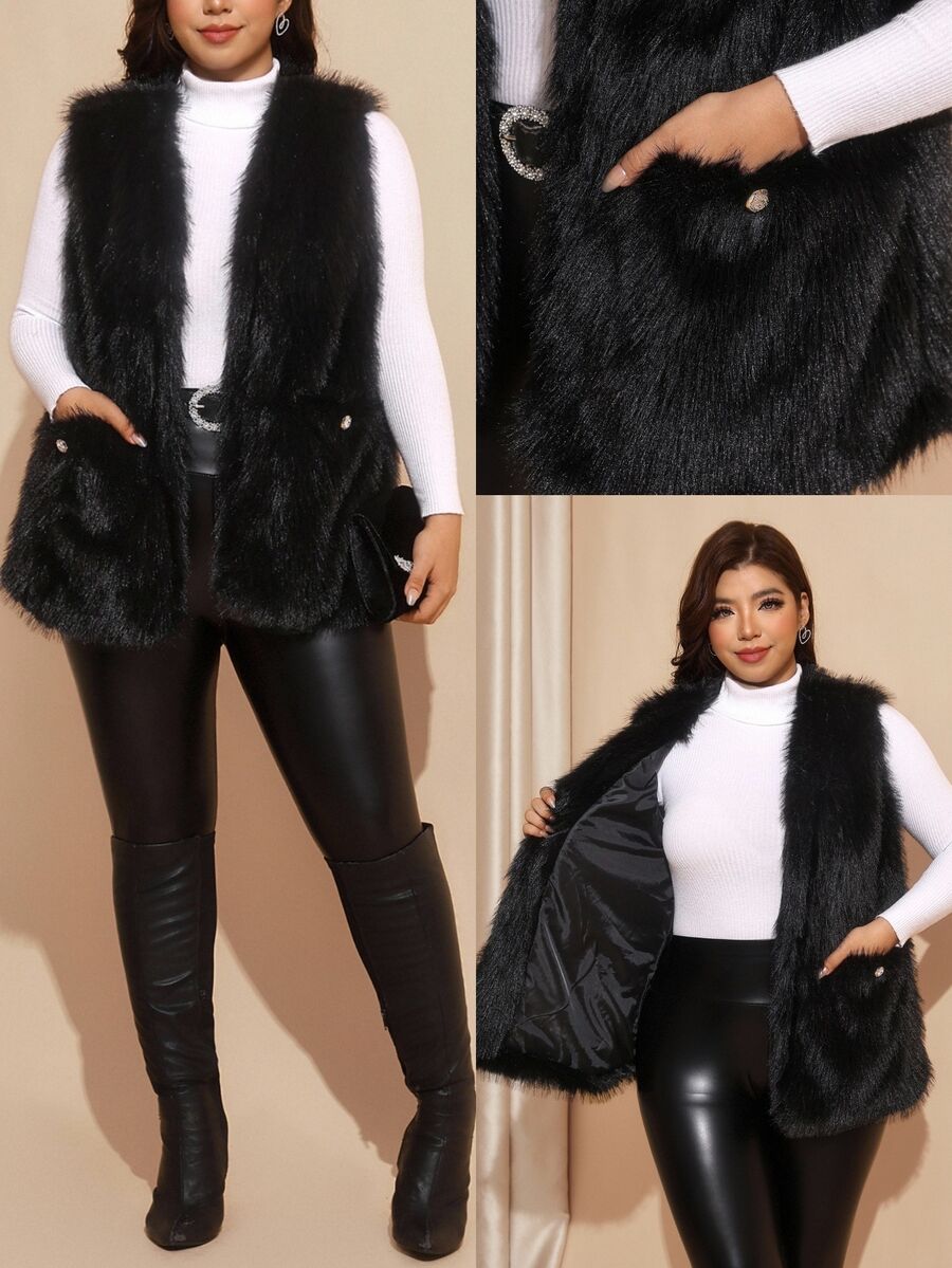 Comfylo Plus Size Winter Sleeveless Faux Fur Coat - Black - View 1
