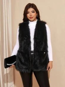 Comfylo Plus Size Winter Sleeveless Faux Fur Coat - Black - View 6