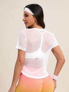 SHEIN Cheerettes 女士字母拼接圆领短袖镂空运动T恤健身衫 - 白色 - 查看 3
