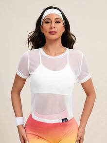 SHEIN Cheerettes 女士字母拼接圆领短袖镂空运动T恤健身衫 - 白色 - 查看 5