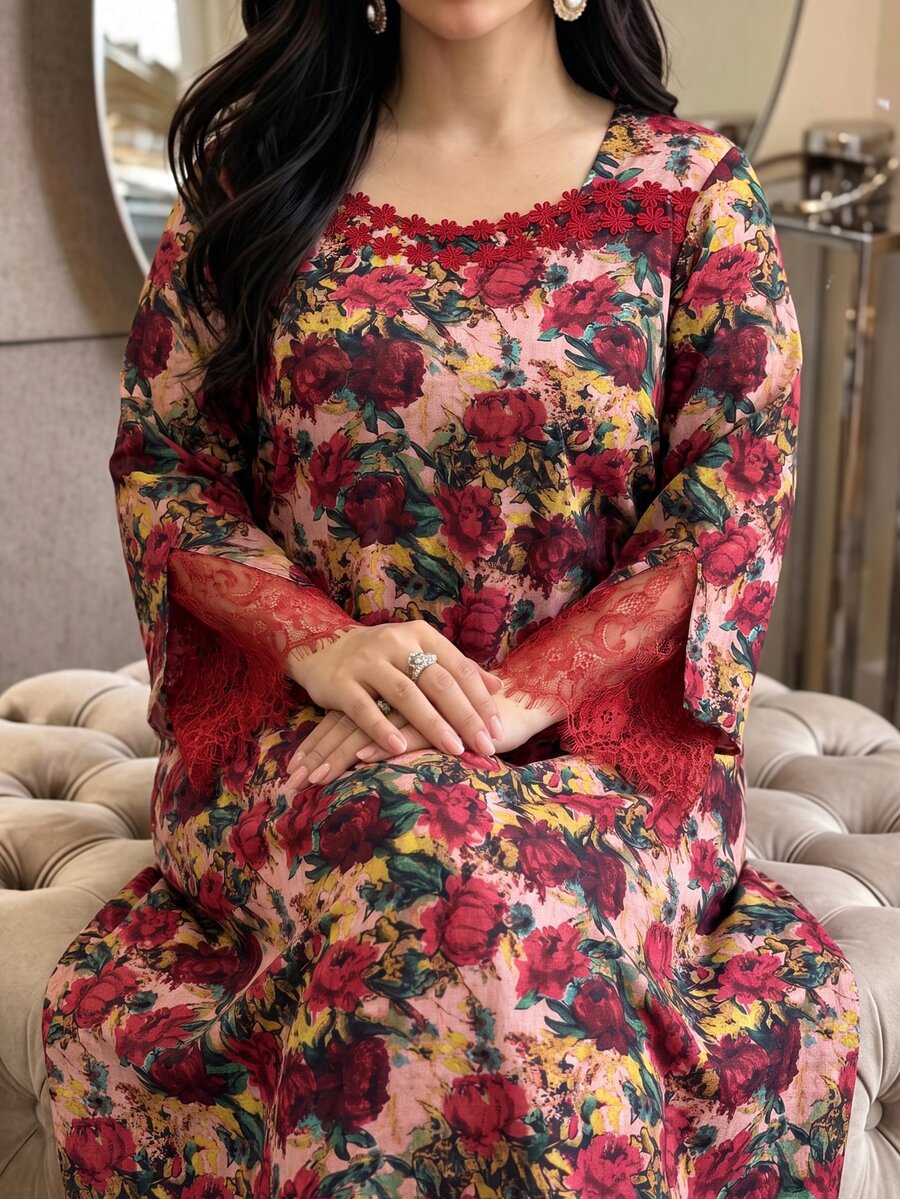 Al Najma 大尺碼韓式絲綢印花布料洋裝,刺繡領口與蕾絲袖口拼接,休閒優雅風,適合春秋日常穿著 - 彩色 - 查看 1