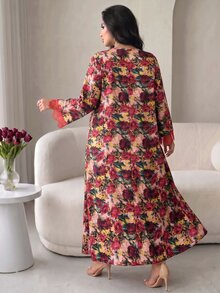 Al Najma 大尺碼韓式絲綢印花布料洋裝，刺繡領口與蕾絲袖口拼接，休閒優雅風，適合春秋日常穿著 - 彩色 - 查看 2