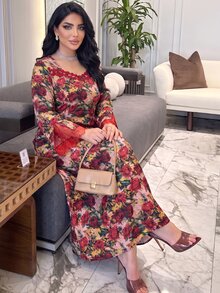 Al Najma 大尺碼韓式絲綢印花布料洋裝，刺繡領口與蕾絲袖口拼接，休閒優雅風，適合春秋日常穿著 - 彩色 - 查看 4