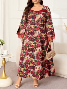Al Najma 大尺碼韓式絲綢印花布料洋裝，刺繡領口與蕾絲袖口拼接，休閒優雅風，適合春秋日常穿著 - 彩色 - 查看 8