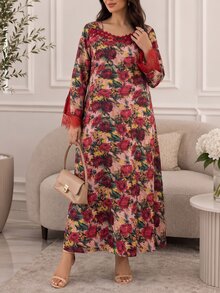Al Najma 大尺碼韓式絲綢印花布料洋裝，刺繡領口與蕾絲袖口拼接，休閒優雅風，適合春秋日常穿著 - 彩色 - 查看 7