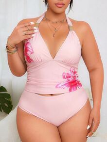 SHEIN Swim Curve 大尺碼女款豹紋掛脖露背性感比基尼套裝，兩件式泳衣 - 淺粉色 - 查看 6