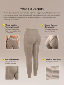 GLOWMODE 24" Ultrafine Soft Seamless Strong Strides High-Rise 3-Panel Waist Non-See Through Scrunch Butt Lifting Leggings Medium Impact Training Running Workout Gym Wear - Khaki - View 3
