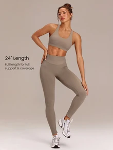 GLOWMODE 24" Ultrafine Soft Seamless Strong Strides High-Rise 3-Panel Waist Non-See Through Scrunch Butt Lifting Leggings Medium Impact Training Running Workout Gym Wear - Khaki - View 4