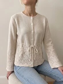 Breezaya Autumn/Winter French Elegant Fresh Style Lace Hollow Knit Cardigan Round Neck Single-Breasted Cinched Waist Flared Cuff Top Daily Commute Brunch - Apricot - View 5