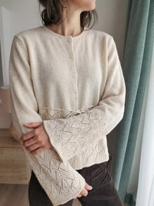 Breezaya Autumn/Winter French Elegant Fresh Style Lace Hollow Knit Cardigan Round Neck Single-Breasted Cinched Waist Flared Cuff Top Daily Commute Brunch - Apricot - View 3