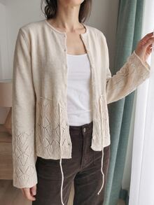 Breezaya Autumn/Winter French Elegant Fresh Style Lace Hollow Knit Cardigan Round Neck Single-Breasted Cinched Waist Flared Cuff Top Daily Commute Brunch - Apricot - View 4
