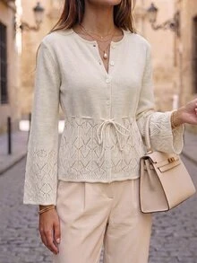 Breezaya Autumn/Winter French Elegant Fresh Style Lace Hollow Knit Cardigan Round Neck Single-Breasted Cinched Waist Flared Cuff Top Daily Commute Brunch - Apricot - View 8