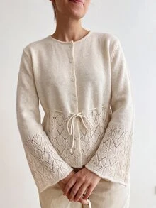 Breezaya Autumn/Winter French Elegant Fresh Style Lace Hollow Knit Cardigan Round Neck Single-Breasted Cinched Waist Flared Cuff Top Daily Commute Brunch - Apricot - View 7