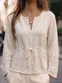Breezaya Autumn/Winter French Elegant Fresh Style Lace Hollow Knit Cardigan Round Neck Single-Breasted Cinched Waist Flared Cuff Top Daily Commute Brunch - Apricot - View 1