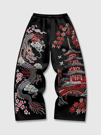 Street Life Teen Boy Dragon Pattern Architecture Print Casual Sweatpants