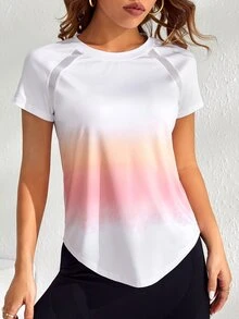 SHEIN Cheerettes Ombre Raglan Sleeve Curved Hem Sports Tee Gym Women Shirts - White - View 2