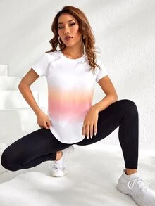 SHEIN Cheerettes Ombre Raglan Sleeve Curved Hem Sports Tee Gym Women Shirts - White - View 5