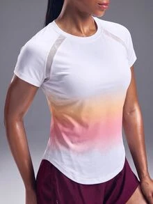 SHEIN Cheerettes Ombre Raglan Sleeve Curved Hem Sports Tee Gym Women Shirts - White - View 7