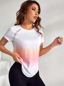 SHEIN Cheerettes Ombre Raglan Sleeve Curved Hem Sports Tee Gym Women Shirts - White - View 6