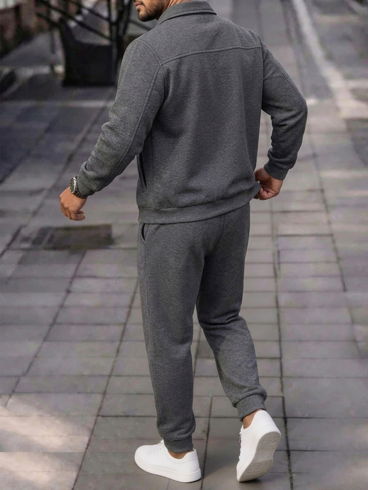 Manfinity Homme Men's Mature Casual Solid Dark Gray Overcoat And Pants Set - Grey - View 2