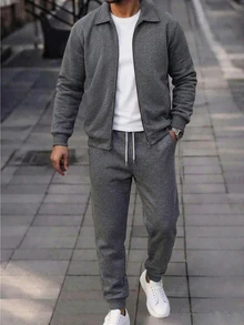 Manfinity Homme 男士成熟休閒純色深灰色大衣與長褲套裝 - 灰色 - 查看 3