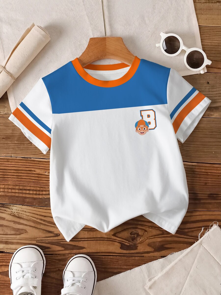 Blippi X SHEIN Young Boy Letter Cartoon Print Casual Daily Short Sleeve T-Shirt - White - View 1