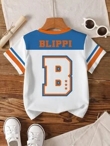 Blippi X SHEIN Young Boy Letter Cartoon Print Casual Daily Short Sleeve T-Shirt - White - View 2