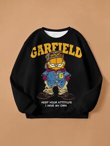 GARFIELD | SHEIN Tween Boy Cartoon Pattern Crew Neck Casual Everyday Long Sleeve Sweatshirt - White - View 1