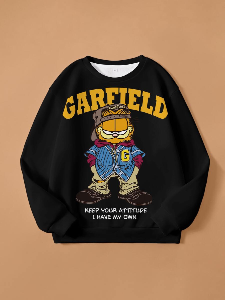 GARFIELD | SHEIN Tween Boy Cartoon Pattern Crew Neck Casual Everyday Long Sleeve Sweatshirt - White - View 1