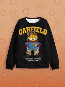GARFIELD | SHEIN Tween Boy Cartoon Pattern Crew Neck Casual Everyday Long Sleeve Sweatshirt - White - View 6