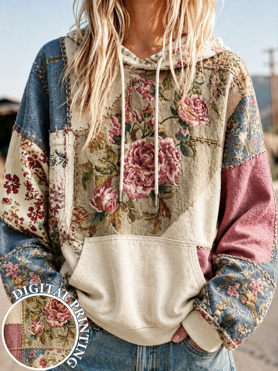 Resyla 復古波希米亞田園風拼接玫瑰花卉印花女款衛衣,藝術感青春上衣,適合閨蜜購物穿搭、日常旅行,米色秋季款 - 彩色 - 查看 1