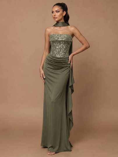 Glamrae Elegant Green Strapless Dress With Cowl Neck, Luxurious 3D Sequin Embroidery, Low Waist Slimming, Ruched Waist, Mermaid Skirt, Side Draped Panels (Includes Detachable Halter Strap), Suitable For Date, Bachelorette Party, Wedding Event, Graduation Season, Business Dinner, All Formal Occasions, Women's Evening Gown