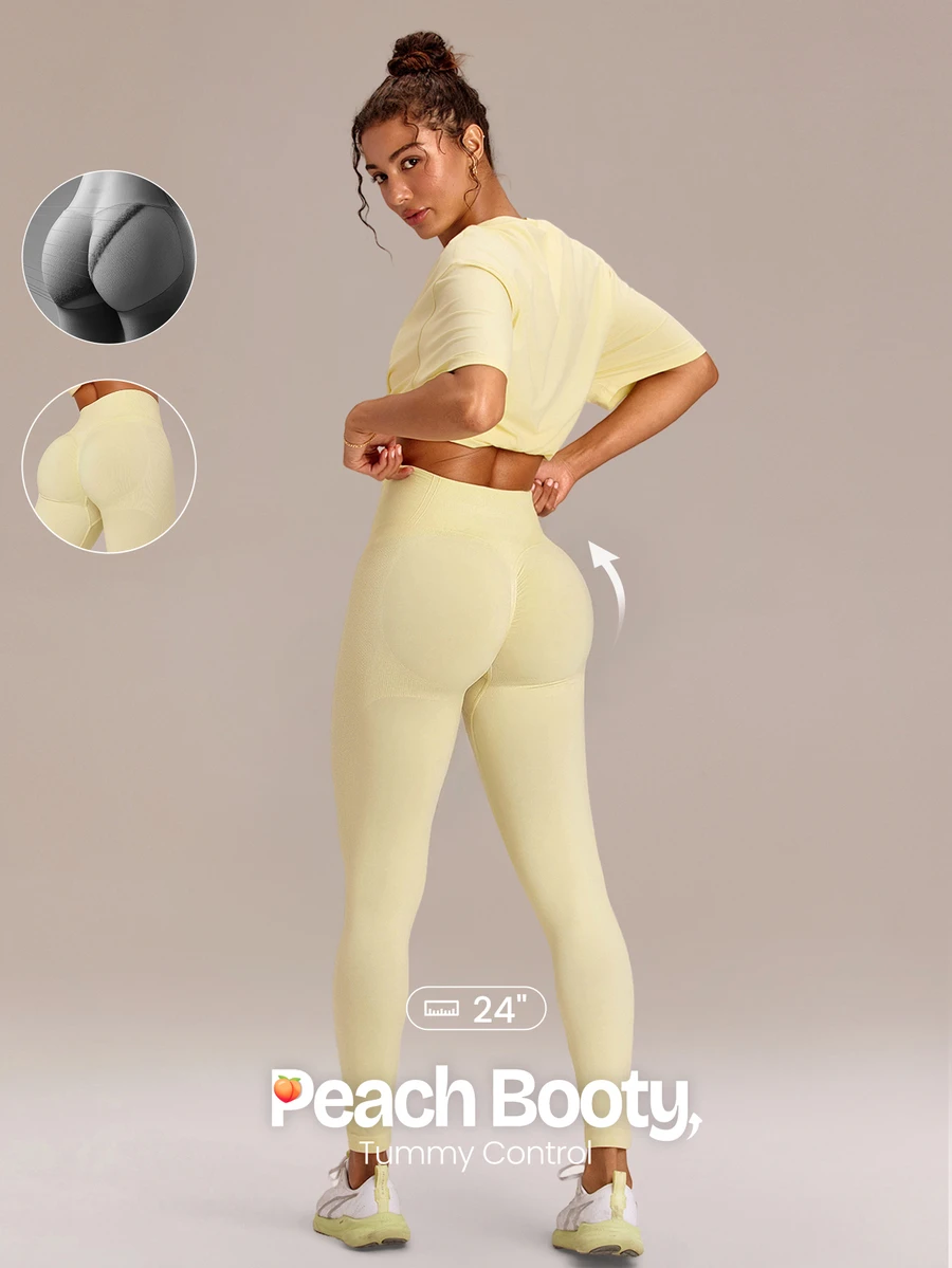 GLOWMODE 24" Ultrafine Soft Seamless Strong Strides High-Rise 3-Panel Waist Non-See Through Scrunch Butt Lifting Leggings Medium Impact Training Running Workout Gym Wear - French Vanilla - View 1