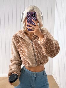 SHEIN EZwear Women's Fashion Jacquard Zip-Up Long Sleeve Faux Fur Hooded Jacket - Mocha Brown - View 7