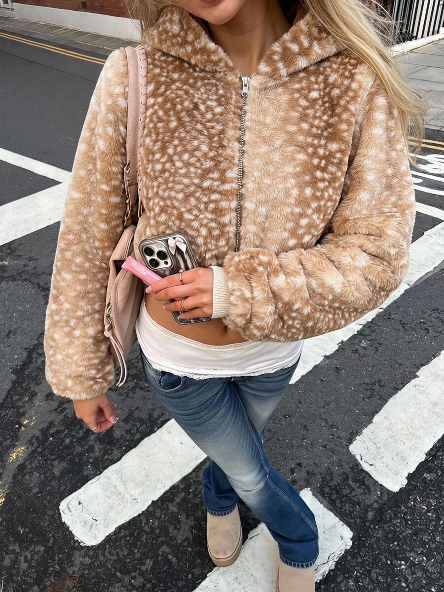 SHEIN EZwear Women's Fashion Jacquard Zip-Up Long Sleeve Faux Fur Hooded Jacket