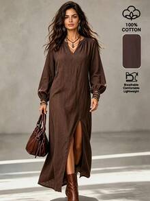 LUMIGAL Women's Coffee Brown V-Neck Long Sleeve Slit Dress Vacation Autumn Boho - Coffee Brown - View 3