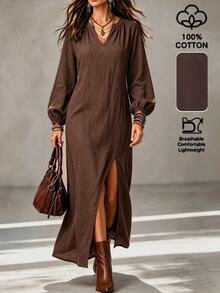 LUMIGAL Women's Coffee Brown V-Neck Long Sleeve Slit Dress Vacation Autumn Boho - Coffee Brown - View 1