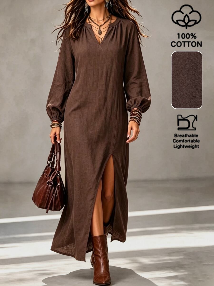 LUMIGAL Women's Coffee Brown V-Neck Long Sleeve Slit Dress Vacation Autumn Boho - Coffee Brown - View 1